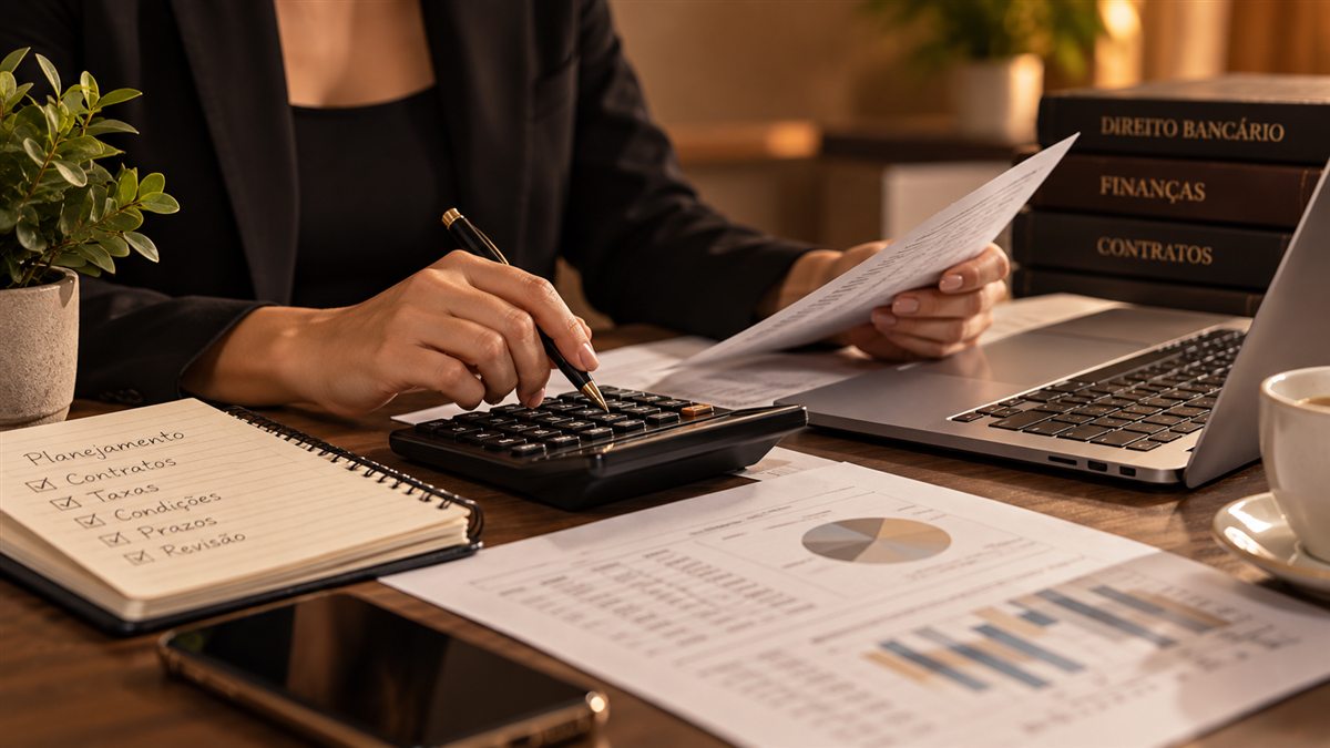 Análise de documentos financeiros e calculadora sobre mesa